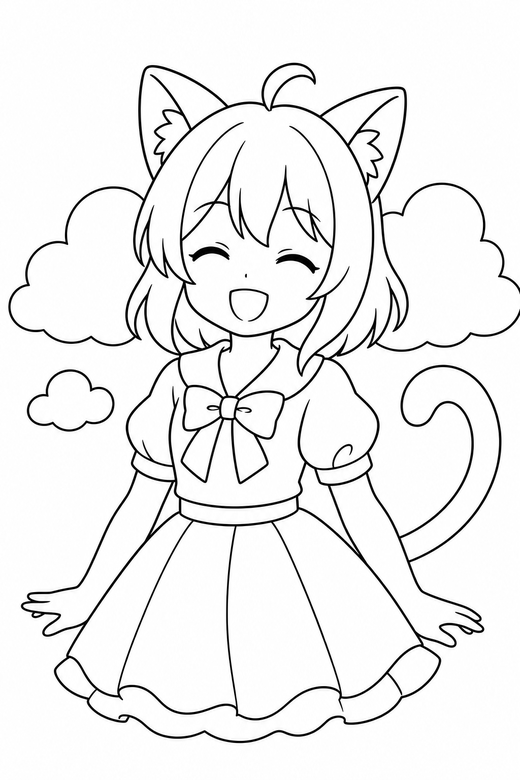 Cat-eared character smiling with clouds: An original anime-style character with cat ears smiling with eyes closed with rounded clouds behind, free printable coloring page