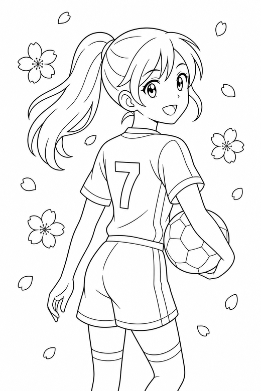 Anime athlete back turned: An original anime-style character in sports kit turning to look back over one shoulder with cherry blossom petals drifting past, free printable coloring page