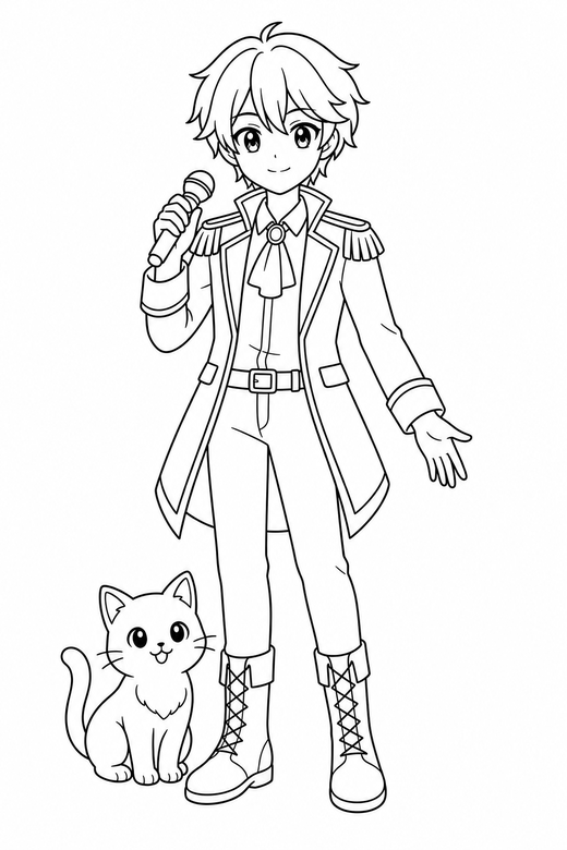 Anime idol standing with a cat: An original anime-style singer holding a microphone standing with a calm expression with a small cat at their feet, free printable coloring page
