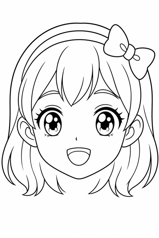 Anime face with a bag: A close-up original anime-style face with large detailed eyes, looking straight at you, free printable coloring page