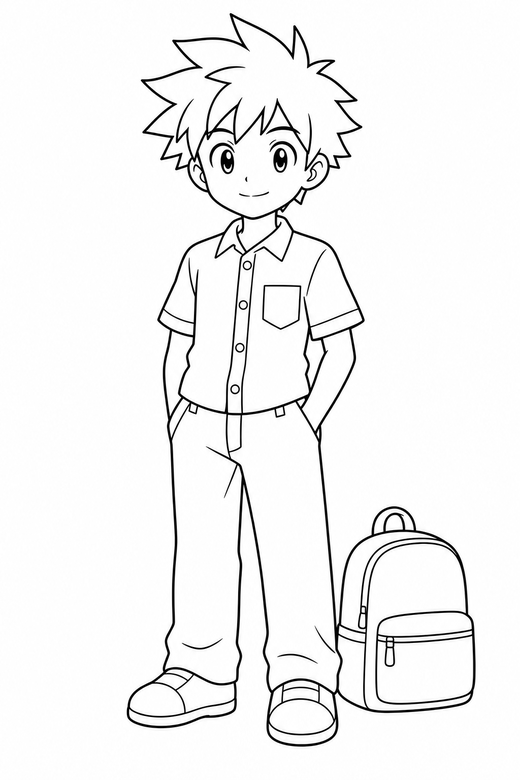 Anime boy standing with a bag: An original anime-style boy with spiky hair standing with a calm expression with a school bag beside them, free printable coloring page