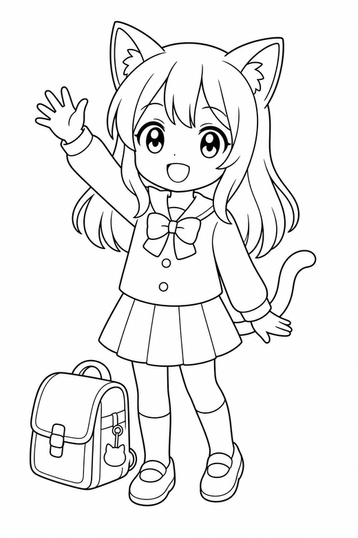 Cat-eared character waving with a bag: An original anime-style character with cat ears waving one hand with a school bag beside them, free printable coloring page