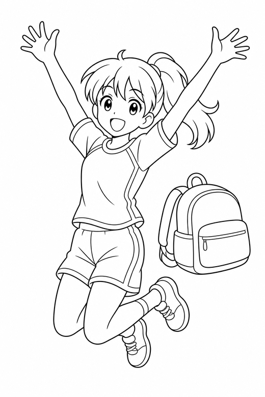 Anime athlete jumping with a bag: An original anime-style character in sports kit jumping with both arms raised with a school bag beside them, free printable coloring page