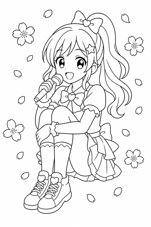 Anime idol sitting with cherry blossom: An original anime-style singer holding a microphone sitting with knees drawn up with cherry blossom petals drifting past, free printable coloring page