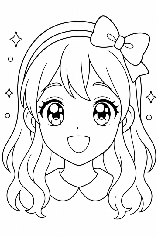 Anime face with sparkles: A close-up original anime-style face with large detailed eyes with small sparkle shapes around, looking straight at you, free printable coloring page