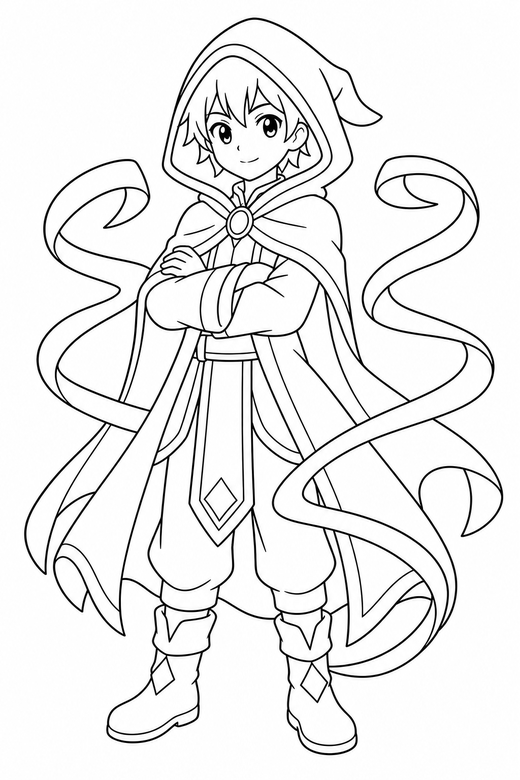 Anime mage arms crossed with ribbons: An original anime-style young mage in a hooded cloak standing with arms folded with ribbon shapes curling around, free printable coloring page