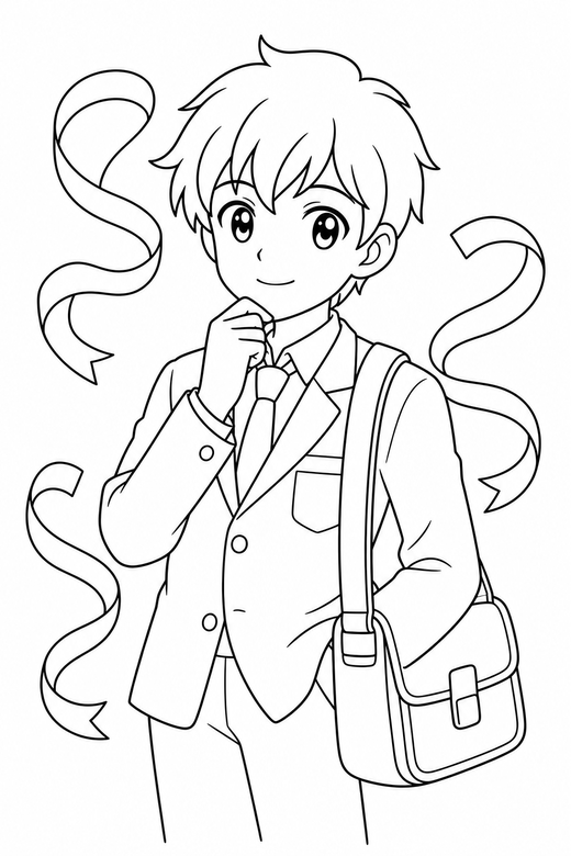 Anime student thinking with ribbons: An original anime-style student with a shoulder bag resting a hand against the chin with ribbon shapes curling around, free printable coloring page