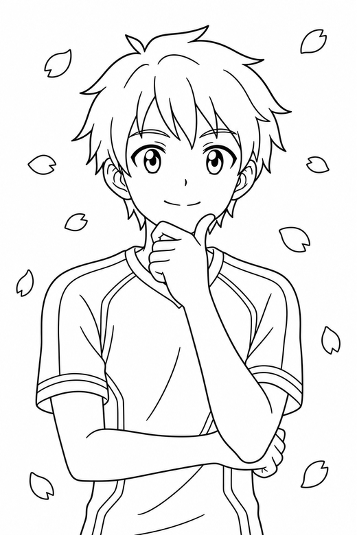 Anime athlete thinking with cherry blossom: An original anime-style character in sports kit resting a hand against the chin with cherry blossom petals drifting past, free printable coloring page