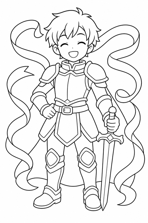 Anime knight smiling with ribbons: An original anime-style young knight in light armour smiling with eyes closed with ribbon shapes curling around, free printable coloring page