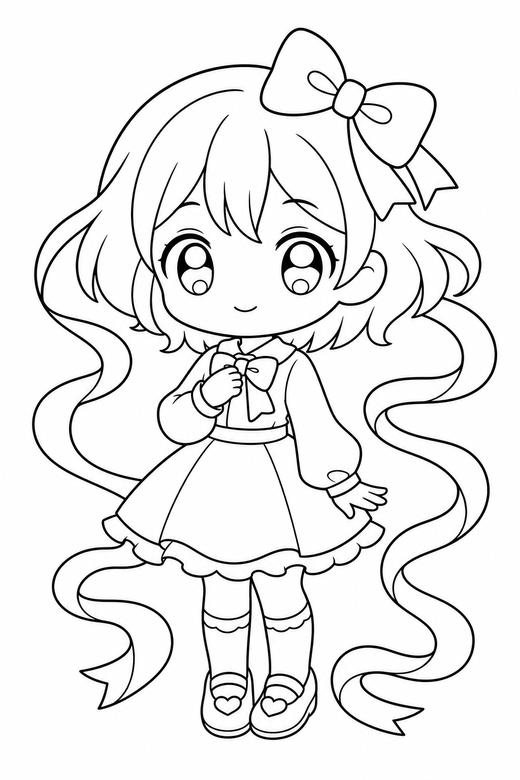 Chibi character standing with ribbons: An original chibi character with an oversized head standing with a calm expression with ribbon shapes curling around, free printable coloring page