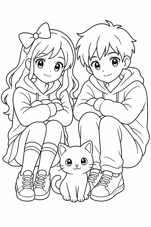 Two characters sitting with a cat: Two original anime-style characters standing together sitting with knees drawn up with a small cat at their feet, free printable coloring page