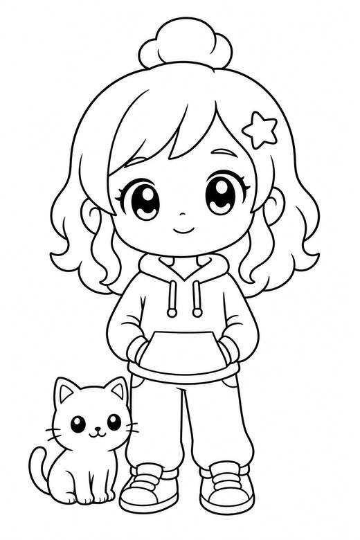 Chibi character standing with a cat: An original chibi character with an oversized head standing with a calm expression with a small cat at their feet, free printable coloring page