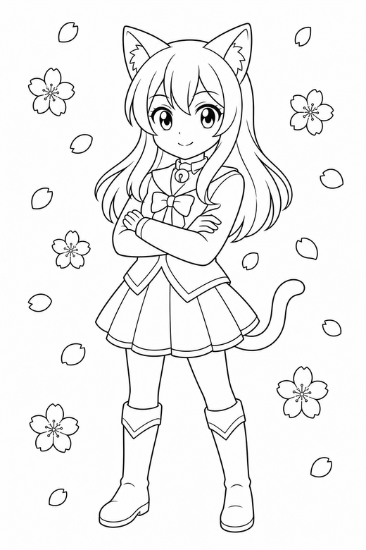 Cat-eared character arms crossed: An original anime-style character with cat ears standing with arms folded with cherry blossom petals drifting past, free printable coloring page