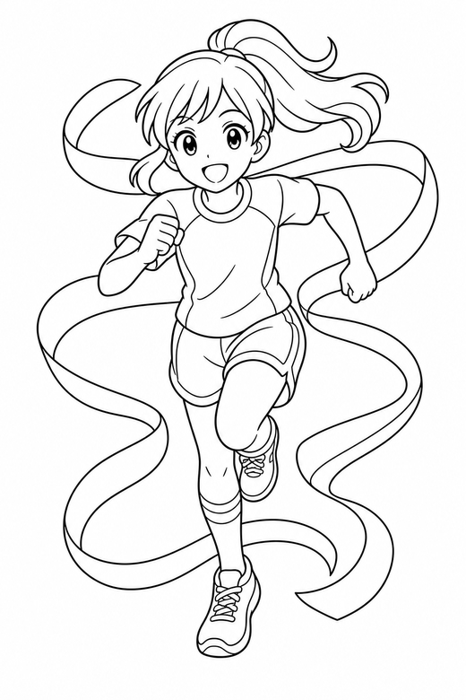Anime athlete running with ribbons: An original anime-style character in sports kit running forward with ribbon shapes curling around, free printable coloring page