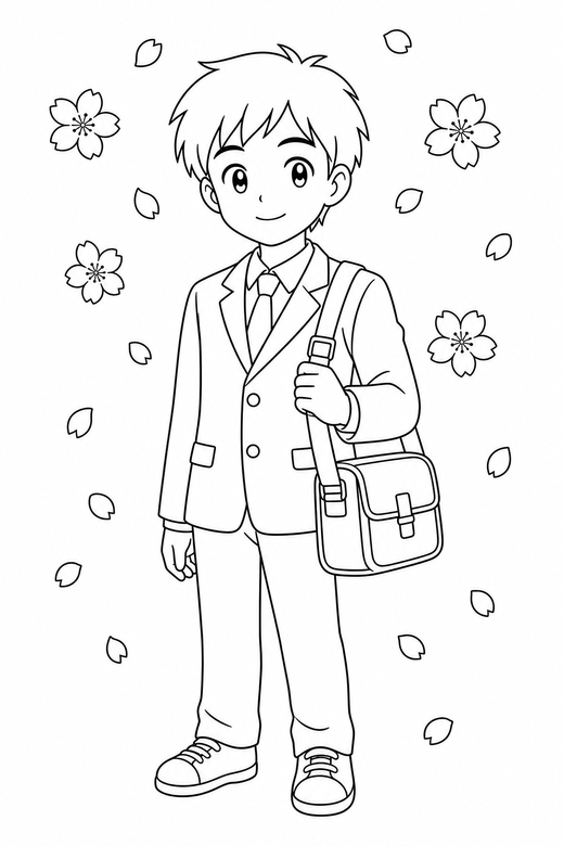 Anime student standing with cherry blossom: An original anime-style student with a shoulder bag standing with a calm expression with cherry blossom petals drifting past, free printable coloring page
