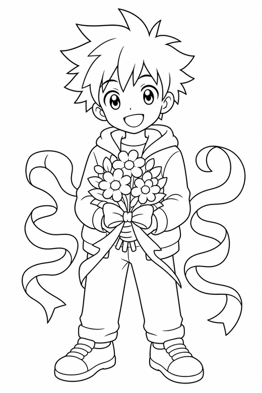 Anime boy holding flowers with ribbons: An original anime-style boy with spiky hair holding a small bunch of flowers with ribbon shapes curling around, free printable coloring page