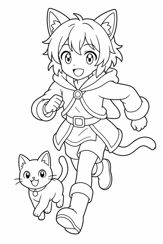 Cat-eared character running with a cat: An original anime-style character with cat ears running forward with a small cat at their feet, free printable coloring page
