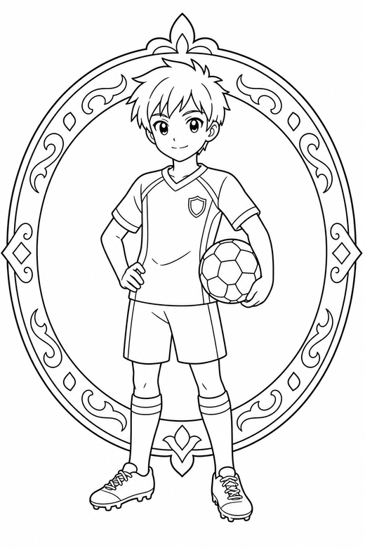 Anime athlete standing in a frame: An original anime-style character in sports kit standing with a calm expression inside a decorative round frame, free printable coloring page
