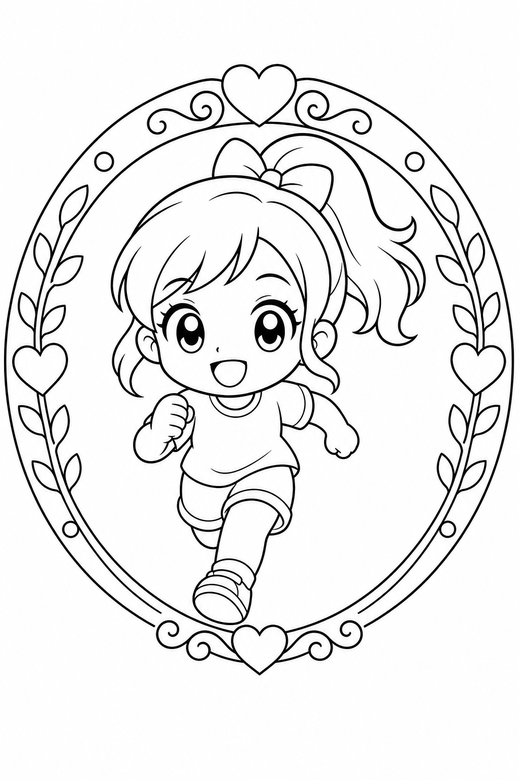Chibi character running in a frame: An original chibi character with an oversized head running forward inside a decorative round frame, free printable coloring page