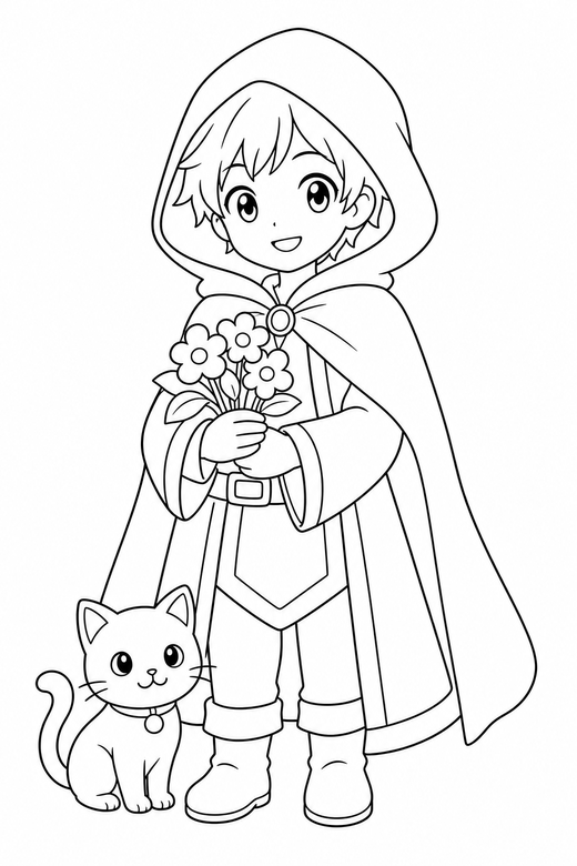 Anime mage holding flowers with a cat: An original anime-style young mage in a hooded cloak holding a small bunch of flowers with a small cat at their feet, free printable coloring page
