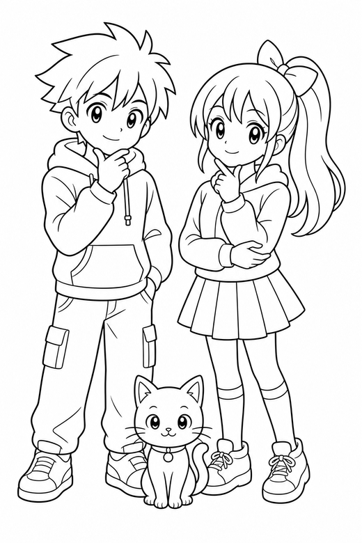 Two characters thinking with a cat: Two original anime-style characters standing together resting a hand against the chin with a small cat at their feet, free printable coloring page