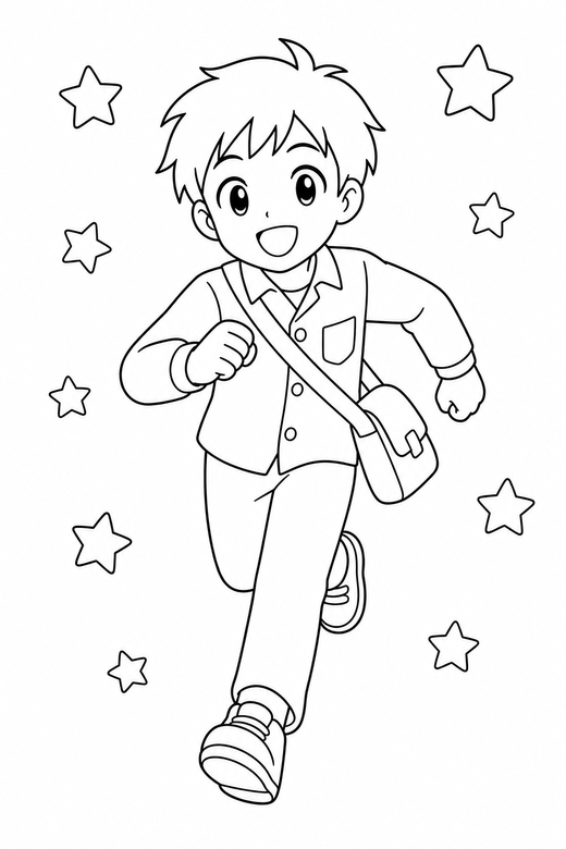 Anime student running with stars: An original anime-style student with a shoulder bag running forward against a background of simple stars, free printable coloring page