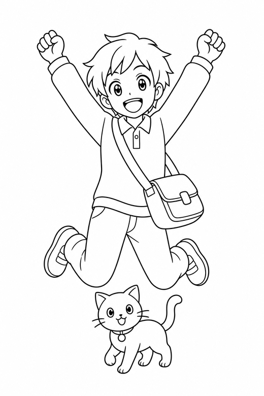 Anime student jumping with a cat: An original anime-style student with a shoulder bag jumping with both arms raised with a small cat at their feet, free printable coloring page