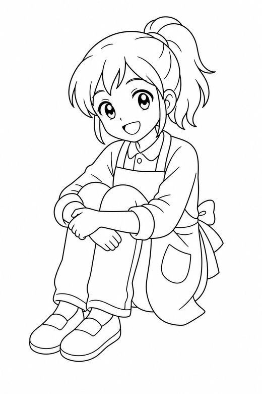 Anime cook sitting: An original anime-style character in a cook apron sitting with knees drawn up on a plain background with generous white space, free printable coloring page