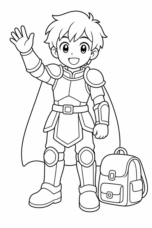 Anime knight waving with a bag: An original anime-style young knight in light armour waving one hand with a school bag beside them, free printable coloring page