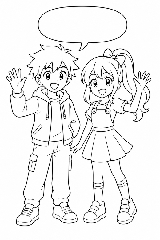 Two characters waving with a speech bubble: Two original anime-style characters standing together waving one hand beside an empty speech bubble, free printable coloring page