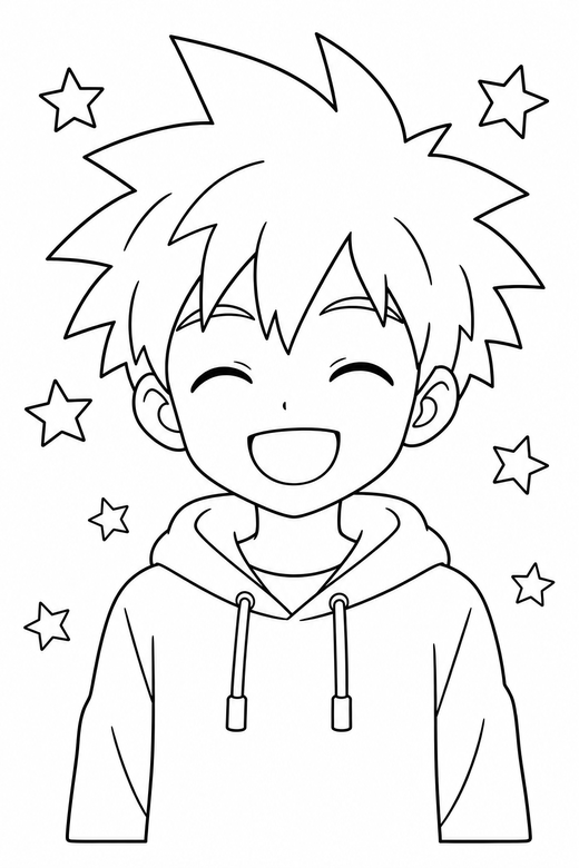 Anime boy smiling with stars: An original anime-style boy with spiky hair smiling with eyes closed against a background of simple stars, free printable coloring page