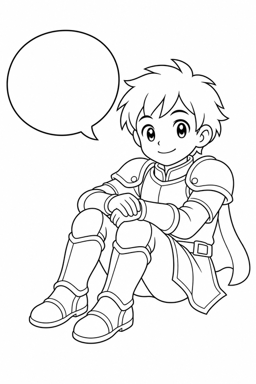 Anime knight sitting with a speech bubble: An original anime-style young knight in light armour sitting with knees drawn up beside an empty speech bubble, free printable coloring page