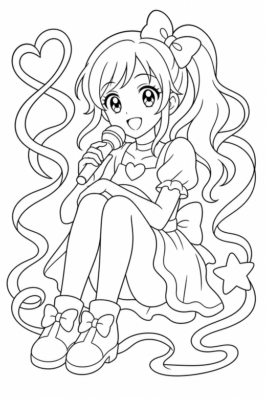 Anime idol sitting with ribbons: An original anime-style singer holding a microphone sitting with knees drawn up with ribbon shapes curling around, free printable coloring page