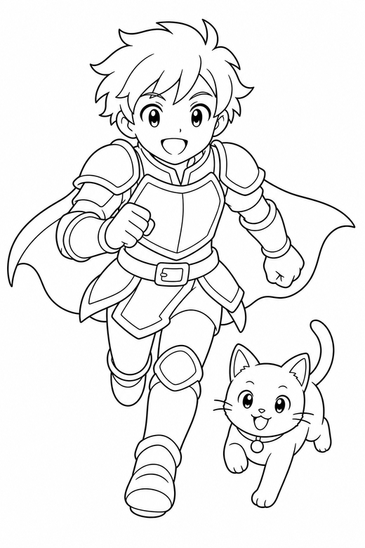 Anime knight running with a cat: An original anime-style young knight in light armour running forward with a small cat at their feet, free printable coloring page