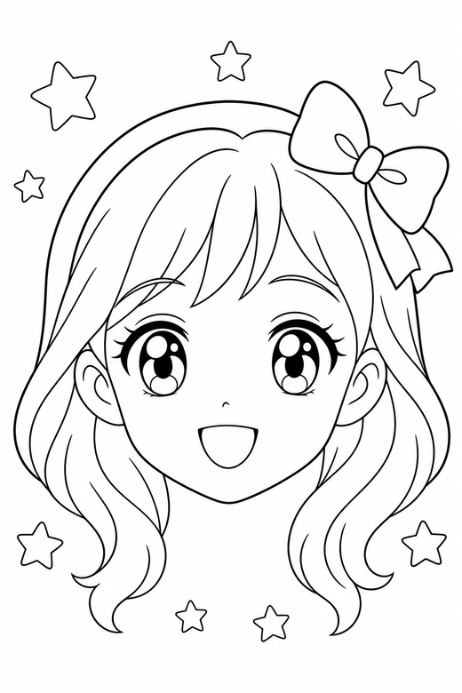 Anime face with stars: A close-up original anime-style face with large detailed eyes against a background of simple stars, drawn large with generous white space around, free printable coloring page