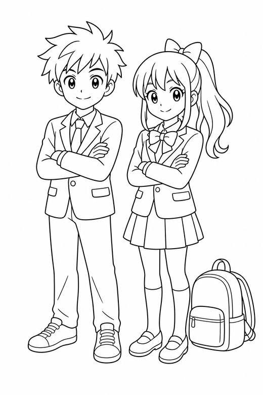 Two characters arms crossed with a bag: Two original anime-style characters standing together standing with arms folded with a school bag beside them, free printable coloring page