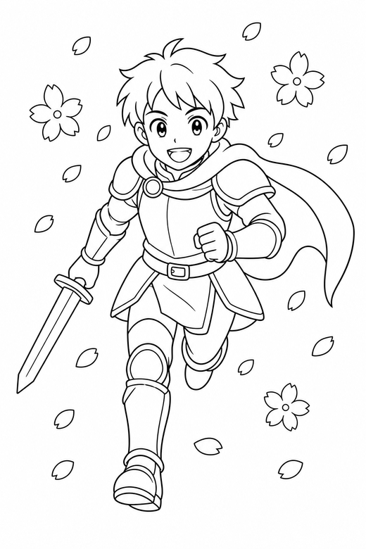 Anime knight running with cherry blossom: An original anime-style young knight in light armour running forward with cherry blossom petals drifting past, free printable coloring page