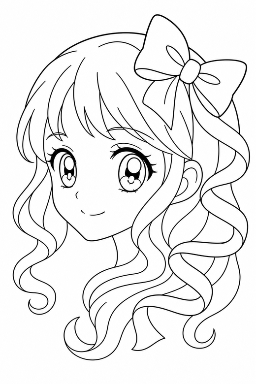 Anime face with ribbons: A close-up original anime-style face with large detailed eyes with ribbon shapes curling around, turned slightly to one side, free printable coloring page