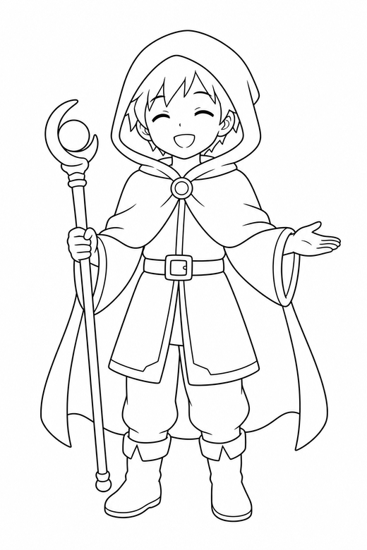 Anime mage smiling: An original anime-style young mage in a hooded cloak smiling with eyes closed on a plain background with generous white space, free printable coloring page