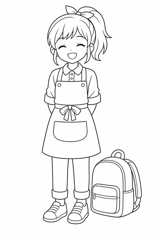 Anime cook smiling with a bag: An original anime-style character in a cook apron smiling with eyes closed with a school bag beside them, free printable coloring page
