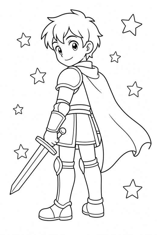 Anime knight back turned with stars: An original anime-style young knight in light armour turning to look back over one shoulder against a background of simple stars, free printable coloring page