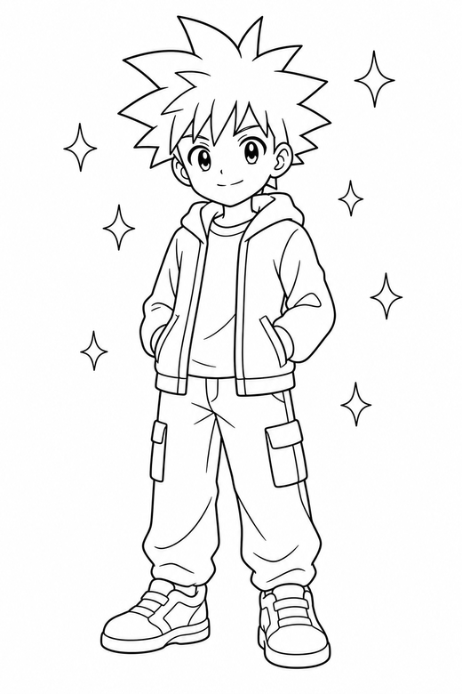 Anime boy standing with sparkles: An original anime-style boy with spiky hair standing with a calm expression with small sparkle shapes around, free printable coloring page