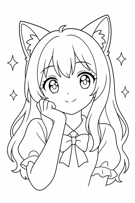 Cat-eared character thinking with sparkles: An original anime-style character with cat ears resting a hand against the chin with small sparkle shapes around, free printable coloring page