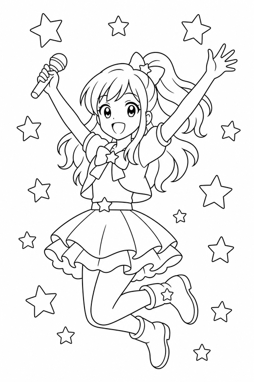 Anime idol jumping with stars: An original anime-style singer holding a microphone jumping with both arms raised against a background of simple stars, free printable coloring page