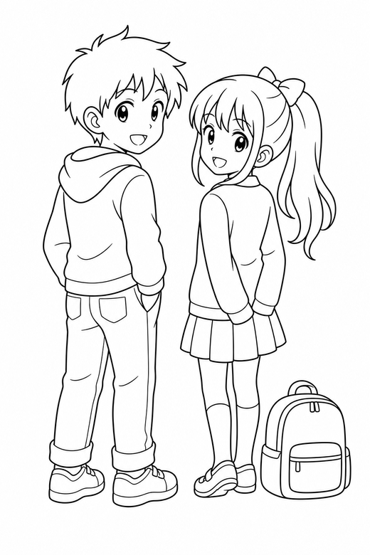 Two characters back turned with a bag: Two original anime-style characters standing together turning to look back over one shoulder with a school bag beside them, free printable coloring page