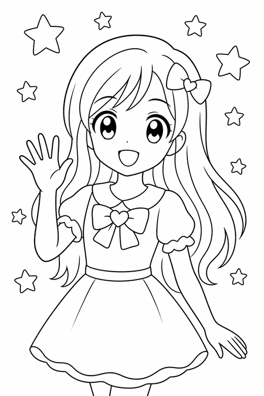 Anime girl waving with stars: An original anime-style girl with large eyes and long hair waving one hand against a background of simple stars, free printable coloring page