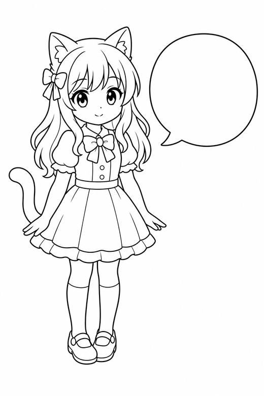 Cat-eared character standing: An original anime-style character with cat ears standing with a calm expression beside an empty speech bubble, free printable coloring page