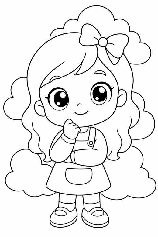 Chibi character thinking with clouds: An original chibi character with an oversized head resting a hand against the chin with rounded clouds behind, free printable coloring page