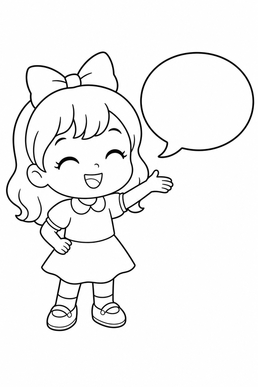 Chibi character smiling with a speech bubble: An original chibi character with an oversized head smiling with eyes closed beside an empty speech bubble, free printable coloring page