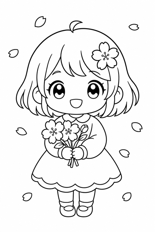 Chibi character holding flowers: An original chibi character with an oversized head holding a small bunch of flowers with cherry blossom petals drifting past, free printable coloring page